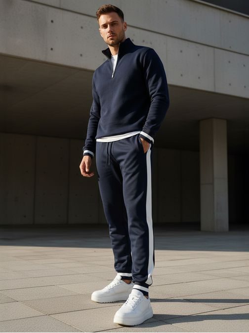 Modré tepláky s kontrastnými pásikmi