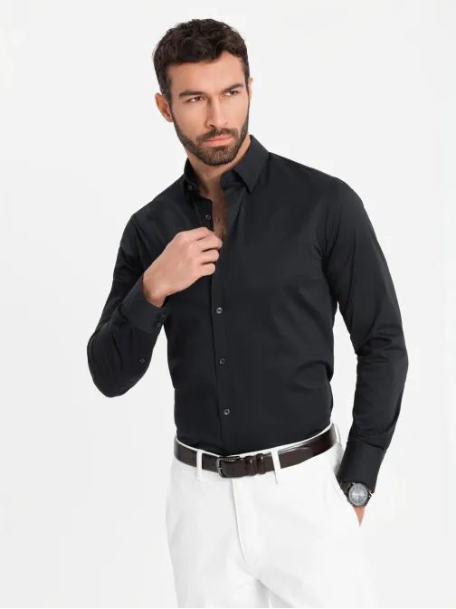 Módna čierna hladká slim-fit košeľa V4 SHCS-0176