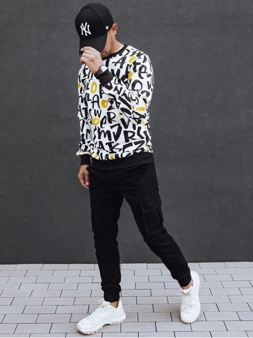 Moderná biela mikina s potlačou a bez kapucne