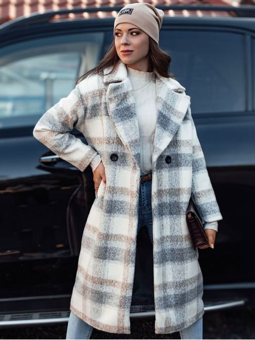 Dlhý dámsky šedo-béžový károvaný kabát Marizzi