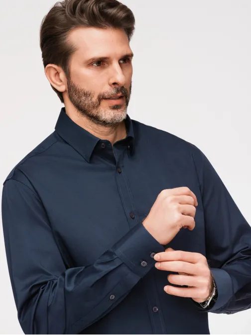 Pánska hladká tmavomodrá FIT SLIM košeľa V3 SHOS-0211