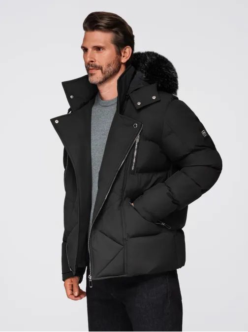 Nadčasová čierna bunda s asymetrickým prešívaním V1 JAHP-0252