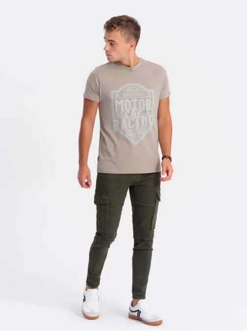 Originálne svetlo hnedé tričko s auto-moto motívom V3-S1735