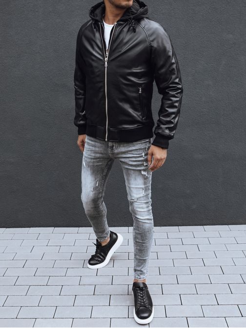 Trendy zateplená čierna koženková bunda