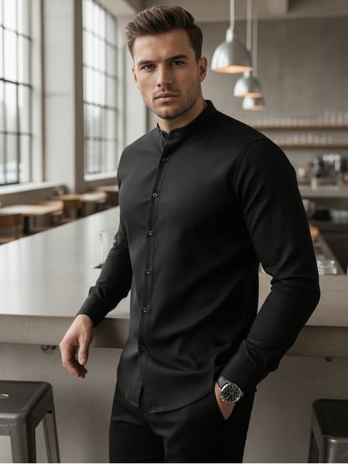 Nadčasová čierna pánska košeľa so stojačikom