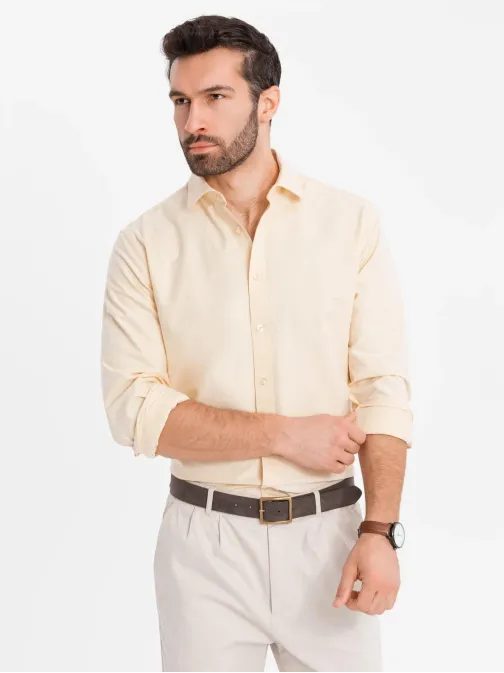Trendy pánska pastelová žltá košeľa s dlhým rukávom V3 SHOS-0183