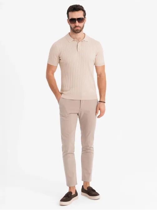 Pánska béžová SLIM FIT pruhovaná polokošeľa V2 POSS-0143