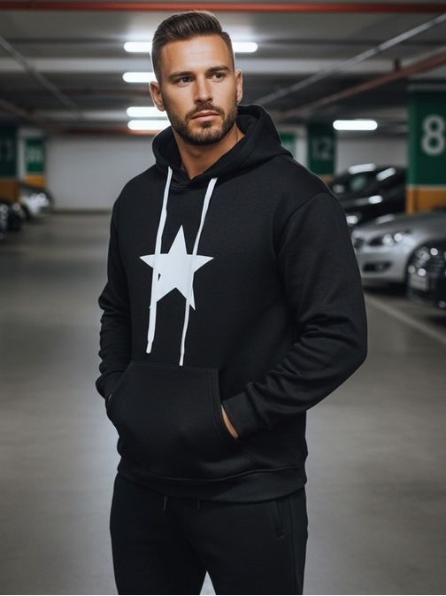 Čierna pánska mikina s potlačou a s kapucňou