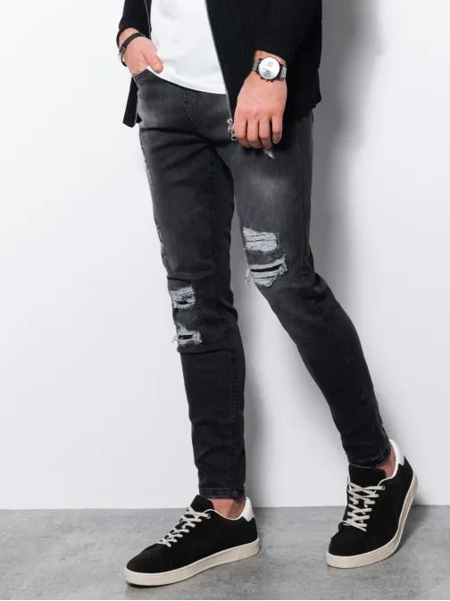 Trendové čierne rifle s dierami P1078