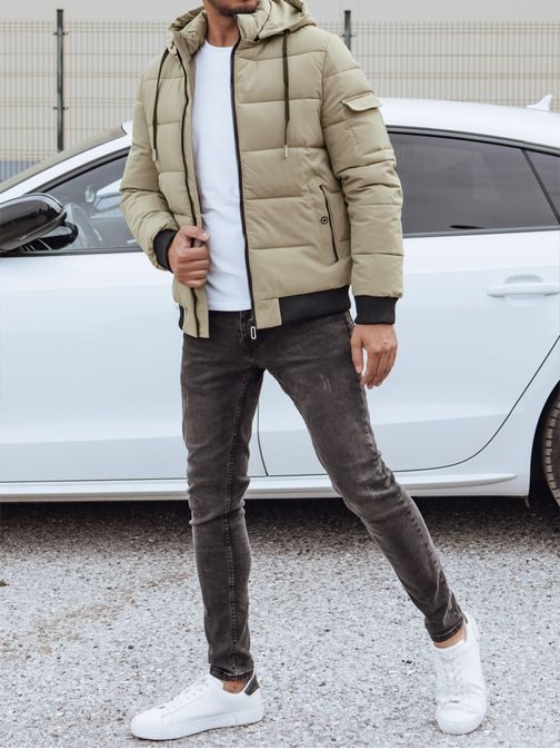 Moderná béžová zimná bunda s kapucňou