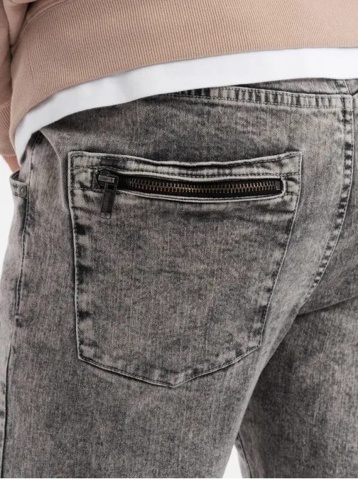 Trendy šedé rifľové joggery s ozdobnými odreninami V3 PADJ-0153