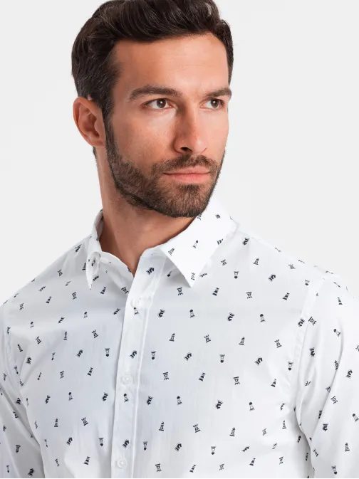 Zaujímavá biela košeľa s trendy vzorom V2 SHCS-0151