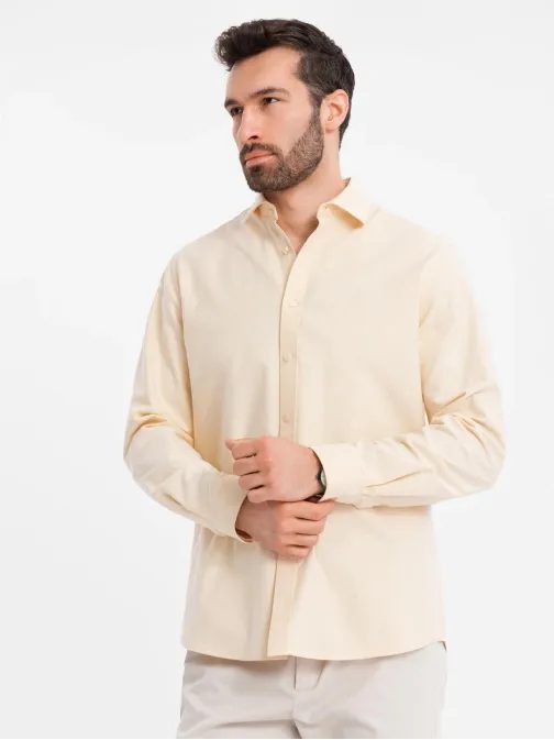 Trendy pánska pastelová žltá košeľa s dlhým rukávom V3 SHOS-0183