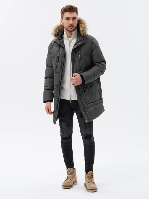 Tmavošedá prešívaná dlhá bunda C547