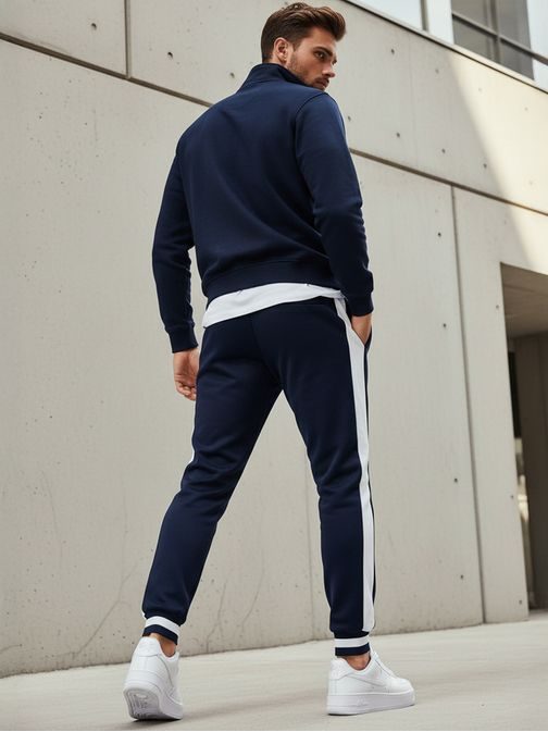 Modré tepláky s kontrastnými pásikmi