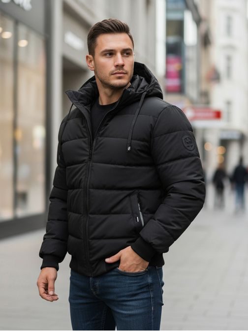 Nadčasová čierna zimná bunda s kapucňou