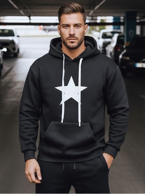 Čierna pánska mikina s potlačou a s kapucňou