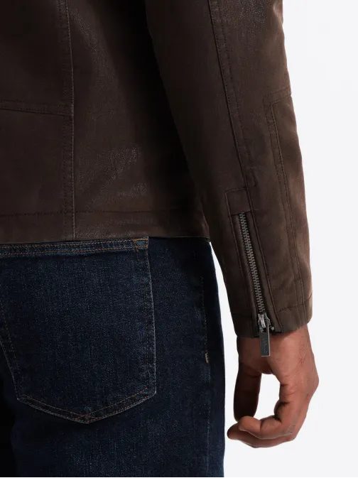 Štýlová hnedá koženková motorkárska bunda V1 JAFL-0197