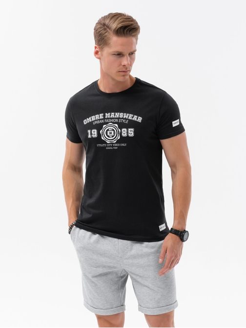 Módne bavlnené čierne tričko s popisom S1748-V2