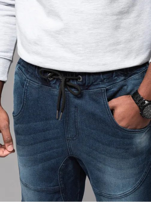 Trendy modré rifľové joggery s ozdobnými prvkami V1 PADJ-0243