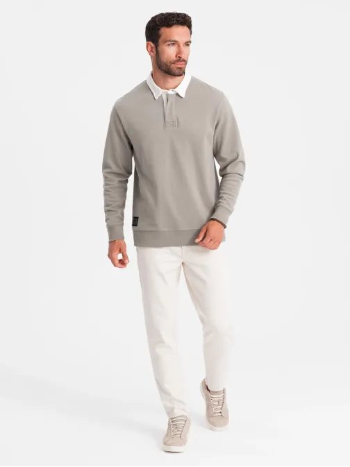 Elegantná béžová mikina s polo golierom V2 SSNZ-0132