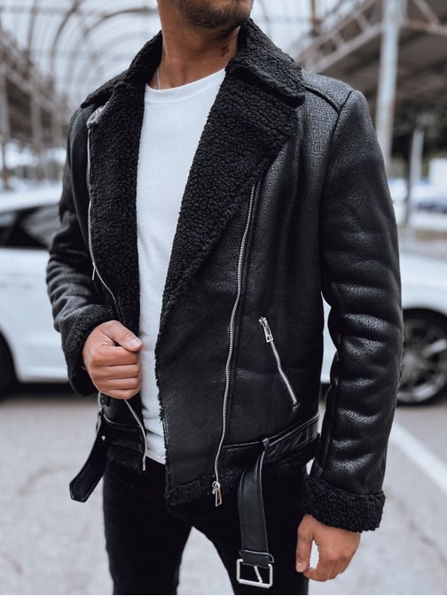 Čierna kožená bunda s výraznou čiernou kožušinkou