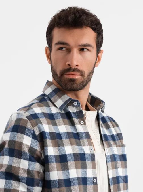Trendy flanelová károvaná hnedo granátová košeľa V1 SHCS-0157
