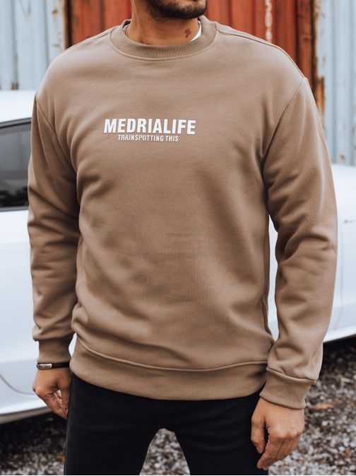 Kamelová mikina bez kapucne so štýlovým nápisom