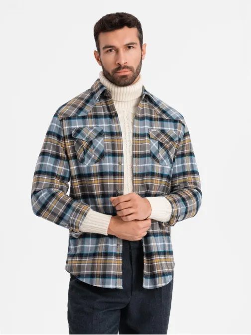 Štýlová flanelová károvaná šedo žltá košeľa V1 SHCS-0149