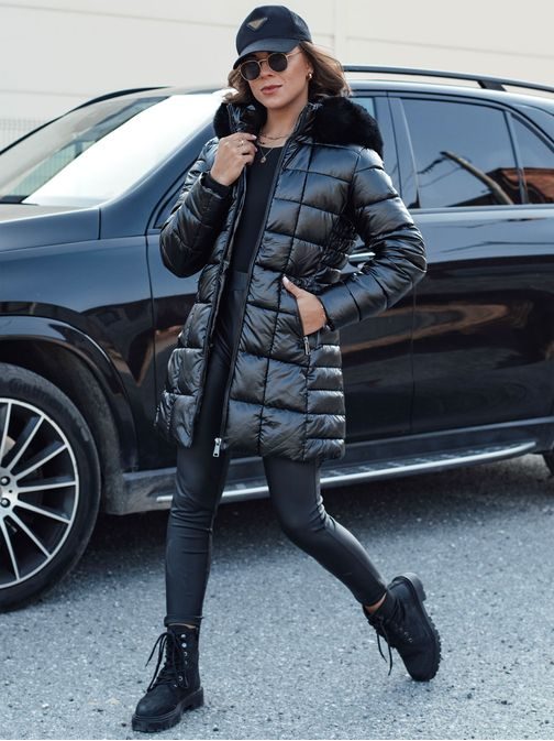 Prešívaná dámska čierna zimná bunda s čiernou kožušinkou Winterzip