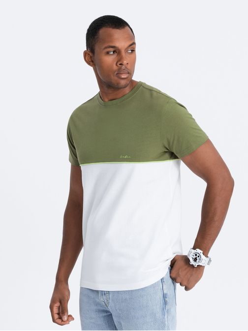 Originálne dvojfarebné tričko olivovo - biele V5 S1619