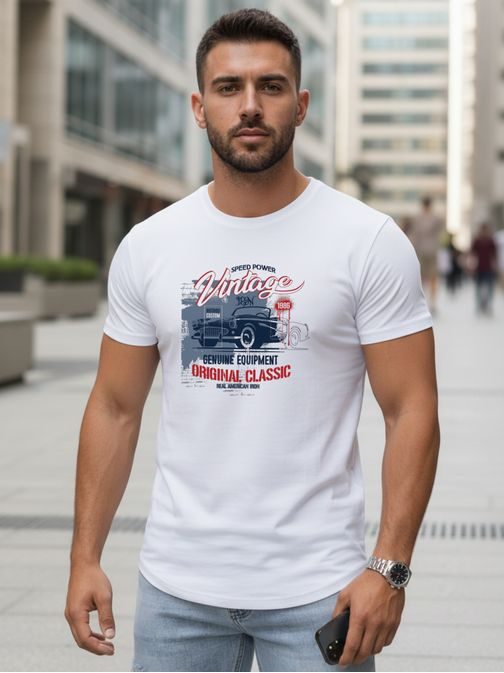 Biele pánske tričko s potlačou VINTAGE CAR