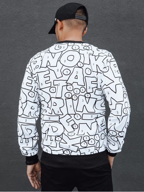 Módna biela mikina s potlačou a bez kapucne