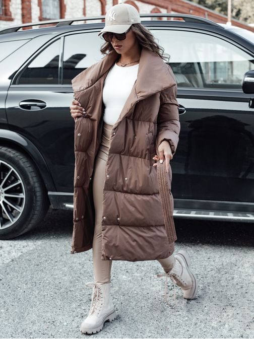 Dámsky prešívaný dlhý hnedý kabát Favi