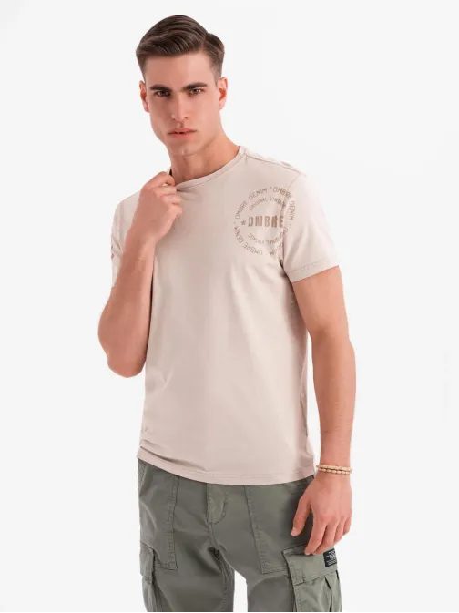 Pánske béžové tričko s trendy nápisom V1 TSFP-0225