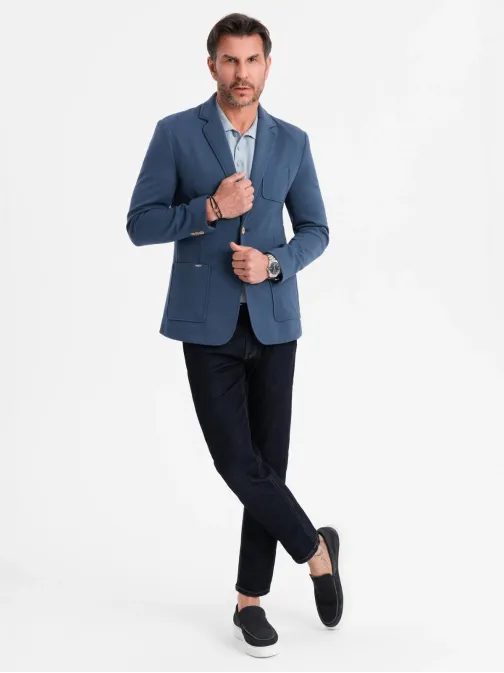 Športové tmavomodré slim fit sako V6 BLZB-0101