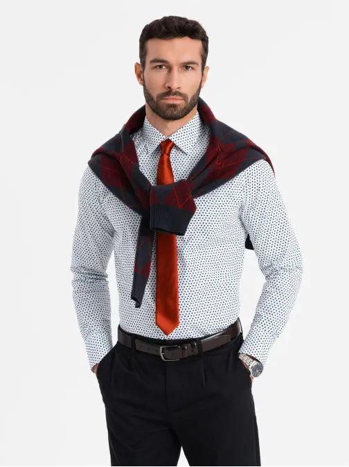 Jedinečná biela košeľa s trendy vzorom V2 SHCS-0140