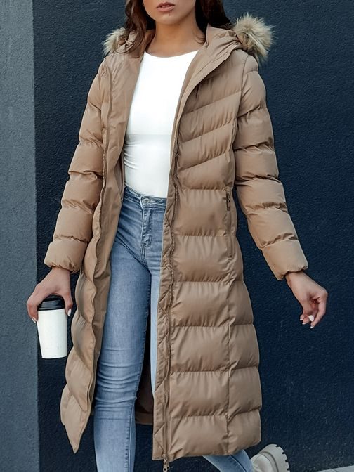 Dámska dlhá zimná tmavobéžová bunda Luxwarm
