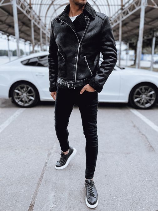 Čierna kožená bunda s výraznou čiernou kožušinkou