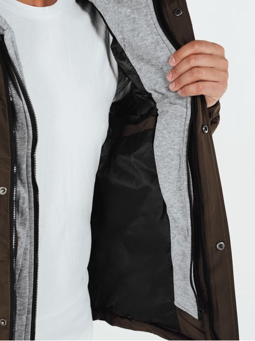 Zaujímavá khaki zimná bunda s kapucňou