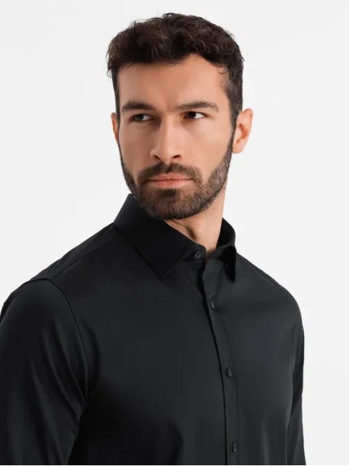 Módna čierna hladká slim-fit košeľa V4 SHCS-0176