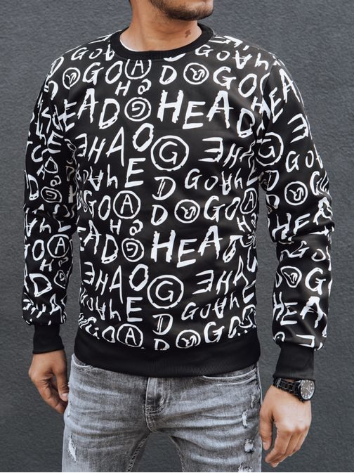 Módna čierna mikina s potlačou a bez kapucne