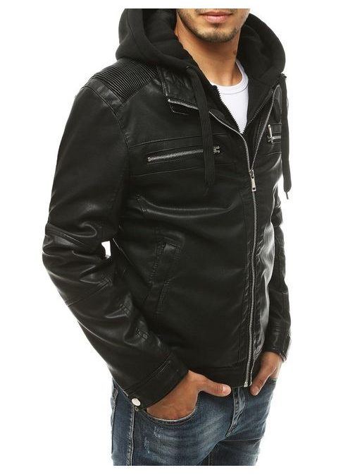 Trendová koženková bunda s kapucňou v čiernej farbe