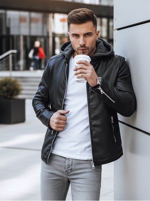 Trendy čierna koženková bunda s kapucňou