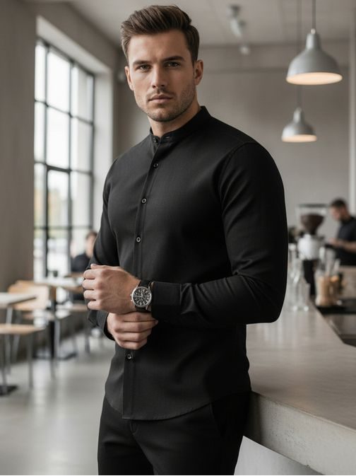 Nadčasová čierna pánska košeľa so stojačikom