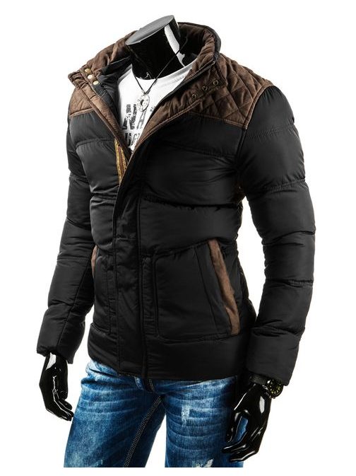 Čierna pánska bunda na zimu s nášivkami