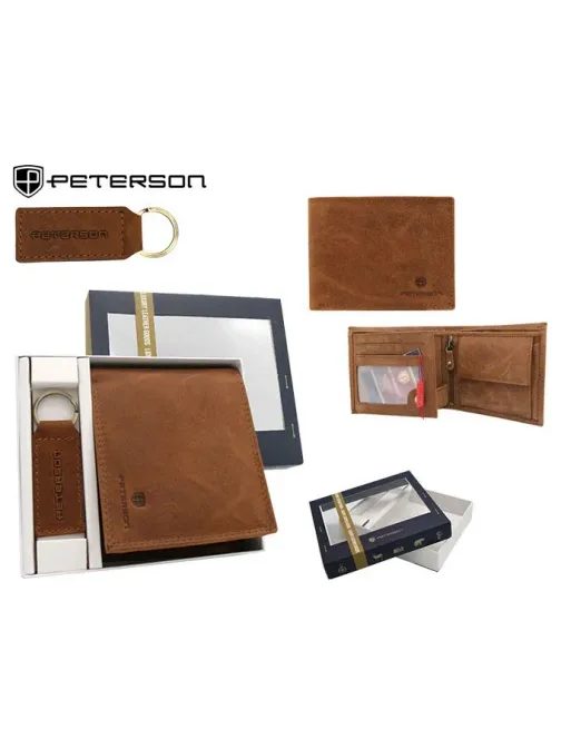 Módny svetlohnedý kožený set - peňaženka a kľúčenka