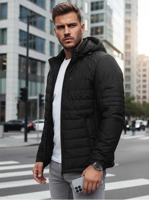 Moderná prechodná čierna bunda s kapucňou