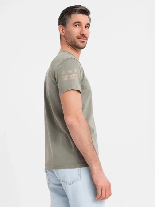 Pánske olivové tričko s trendy nápisom V2 TSFP-0225