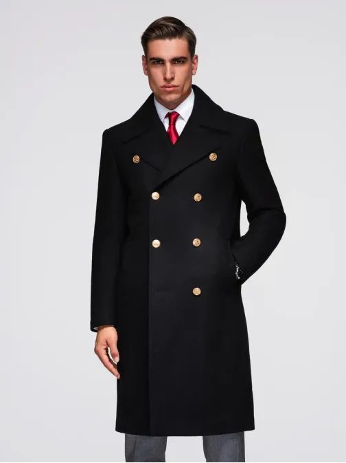 Dlhý čierny kabát s ozdobnými gombíkmi V1 OM-COWC-0145